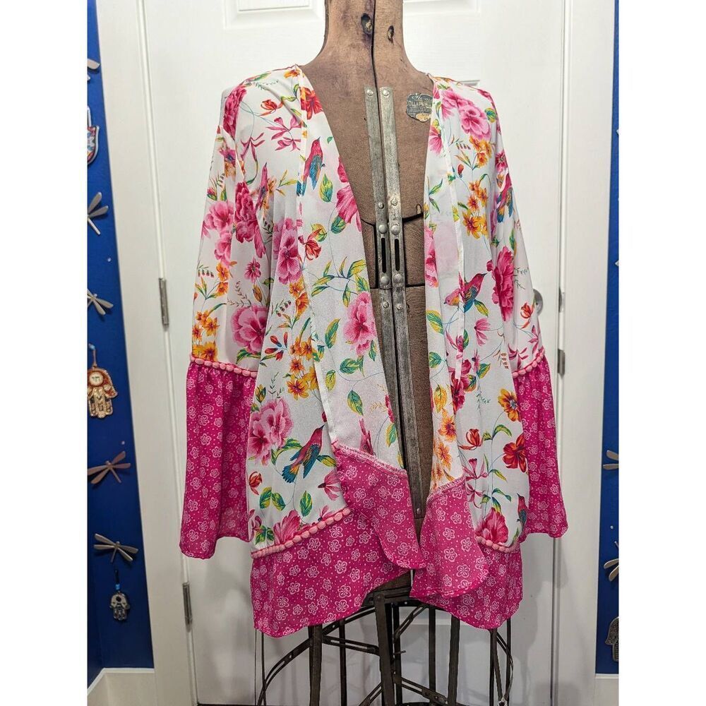 Pioneer Woman Pink Flounce Sleeve Topper Chinoserie Birds Boho Kimono L/XL NWT - Picture 2 of 15